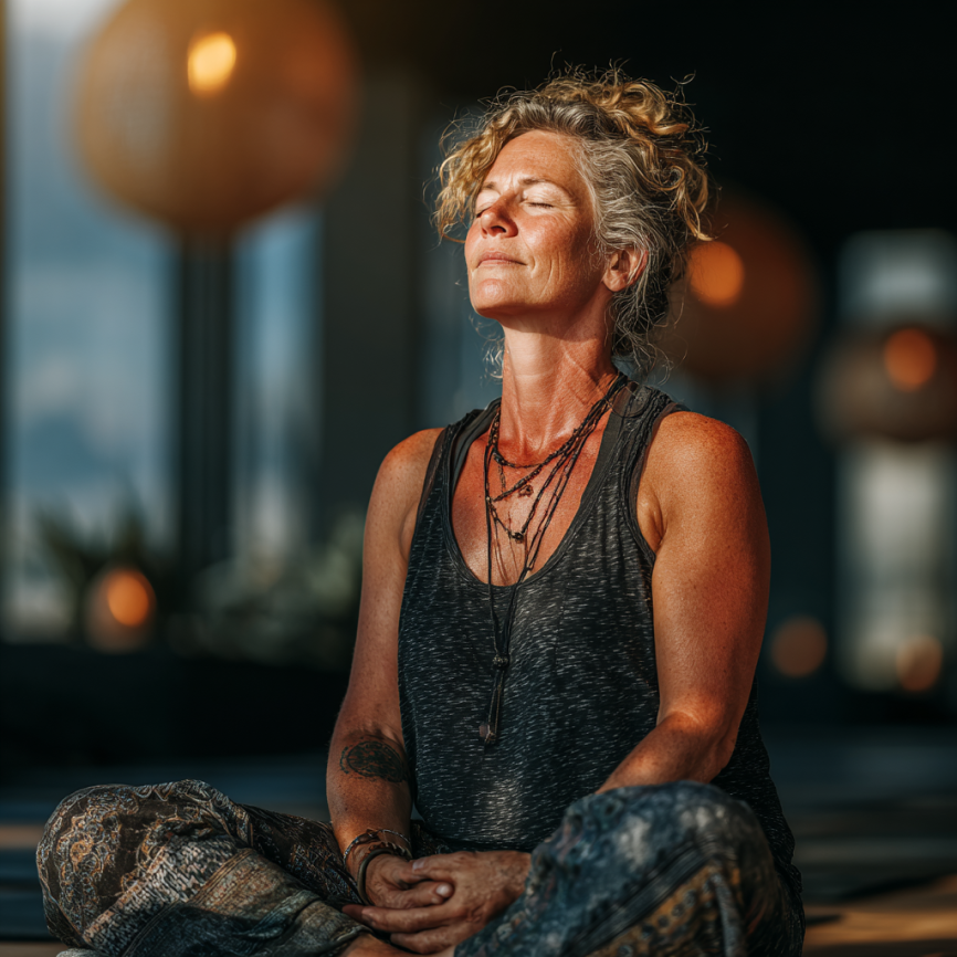 Seniori practicând yoga în natură