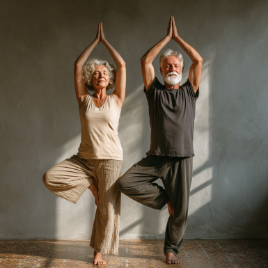 Grup de seniori practicând yoga împreună